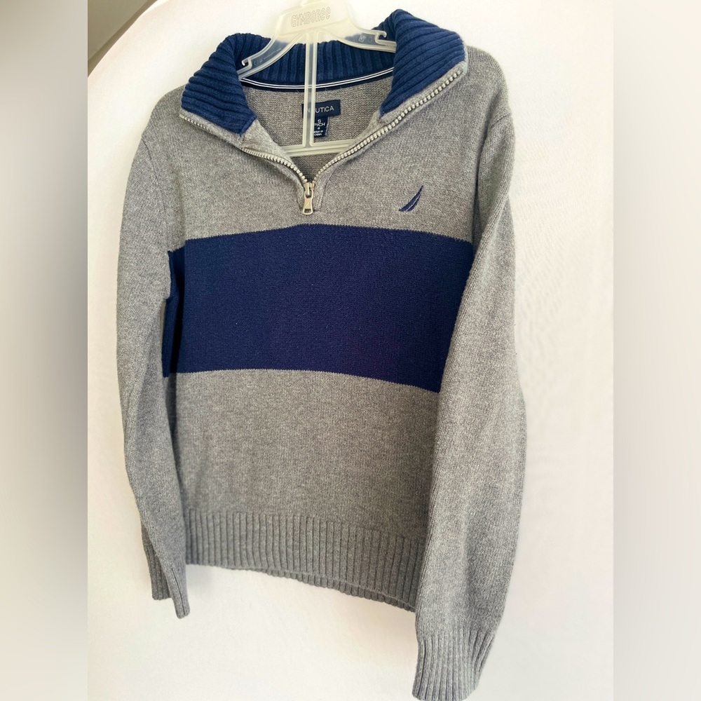 Nautica boys pullover sweater with half zip pull in gray and navy blue